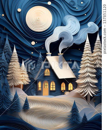 Cozy cabin quilling art in winter forest 137851120