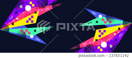 Colorful Memphis Background with Bold Geometric Shapes and Halftone Patterns. Suitable for Banner and Poster Design of Sports, Games, or Kids Events 137851142