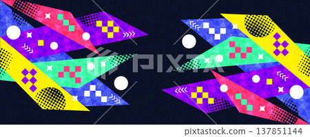 Abstract Memphis Background in Colorful Retro Concept with Halftone Patterns and Textured Effects. Suitable for Banner and Poster Design of Sports, Games, or Kids Events Abstract Memphis Background in Colorful Retro Concept with Halftone Patterns and Textured Effects. Suitable for Banner and Poster Design of Sports, Games, or Kids Events 137851144