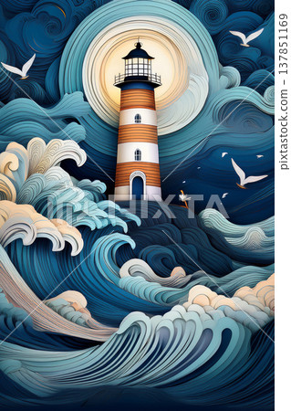Lighthouse guiding through rough ocean waves at night 137851169
