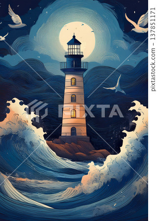 Lighthouse standing against stormy ocean waves at night Lighthouse standing against stormy ocean waves at night 137851171