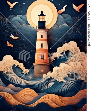 Lighthouse beacon guiding through stormy ocean waves 137851174