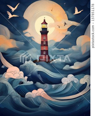 Lighthouse standing firm amidst stormy ocean waves at night Lighthouse standing firm amidst stormy ocean waves at night 137851178