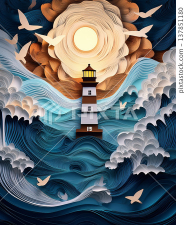 Lighthouse navigating rough ocean waves under quilling sun Lighthouse navigating rough ocean waves under quilling sun 137851180