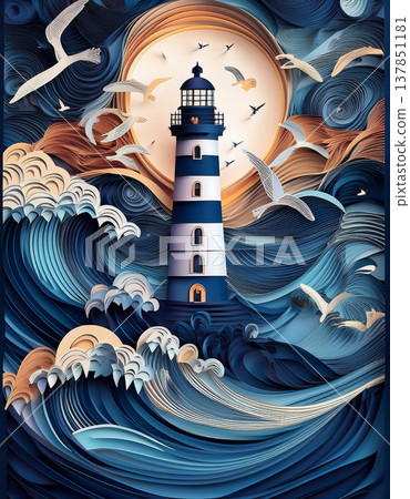 Paper quilling lighthouse standing among ocean waves Paper quilling lighthouse standing among ocean waves 137851181