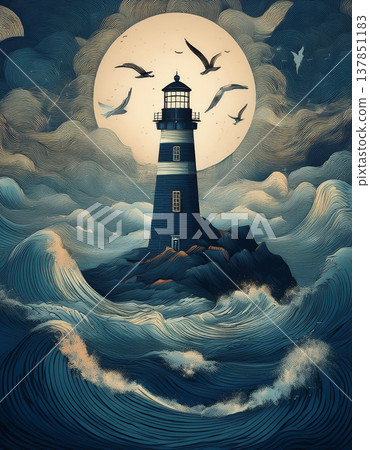 Lighthouse standing stormy sea with full moon Lighthouse standing stormy sea with full moon 137851183