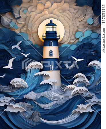 Lighthouse standing against paper art ocean waves Lighthouse standing against paper art ocean waves 137851185