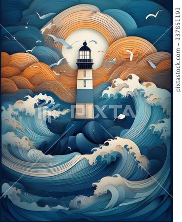 Lighthouse standing strong amidst stormy paper waves 137851191