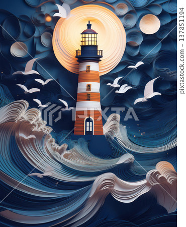 Lighthouse guiding through quilling paper waves at night Lighthouse guiding through quilling paper waves at night 137851194