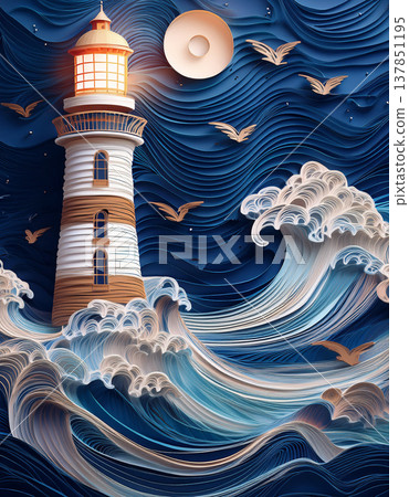 Lighthouse guiding through rough ocean waves at night Lighthouse guiding through rough ocean waves at night 137851195