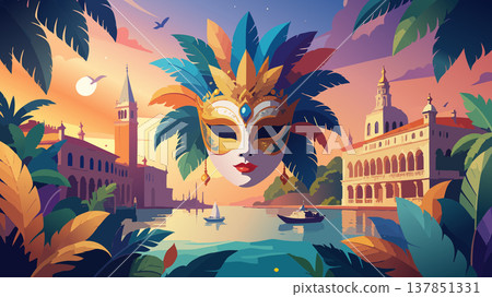 Venice carnival mask floating over city at sunset Venice carnival mask floating over city at sunset 137851331