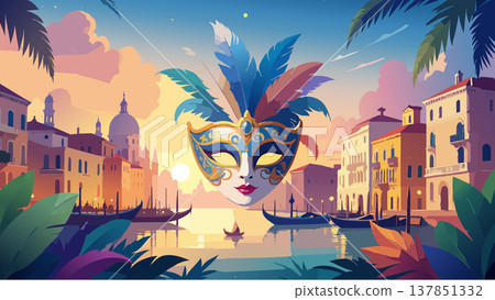 Venice carnival mask floating above grand canal at sunset Venice carnival mask floating above grand canal at sunset 137851332