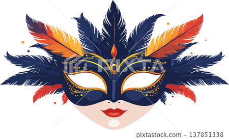 Elegant carnival mask with colorful feathers and gold details Elegant carnival mask with colorful feathers and gold details 137851338