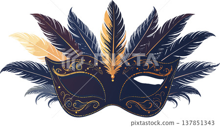 Venetian masquerade mask with feathers and gold filigree Venetian masquerade mask with feathers and gold filigree 137851343