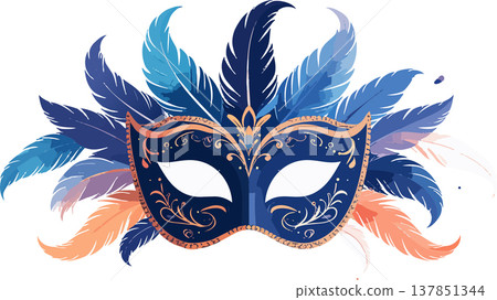 Blue venetian carnival mask with colorful feathers Blue venetian carnival mask with colorful feathers 137851344