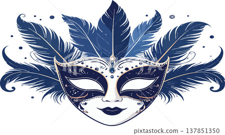 Venetian masquerade mask with blue feathers celebrating carnival Venetian masquerade mask with blue feathers celebrating carnival 137851350