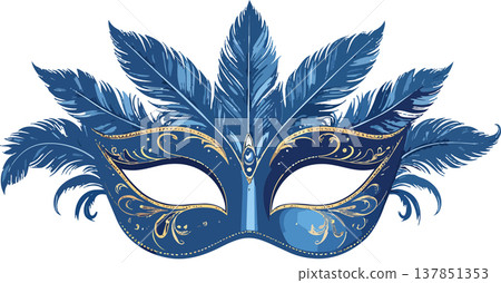 Blue masquerade mask with feathers and gold filigree 137851353