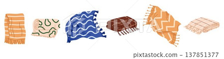 Set of various wool blankets and plaids. Includes rolled, folded, and spread-out plaids with tassels for home interior and picnic. Vector illustration in cartoon style. Isolated white background Set of various wool blankets and plaids. Includes rolled, folded, and spread-out plaids with tassels for home interior and picnic. Vector illustration in cartoon style. Isolated white background 137851377