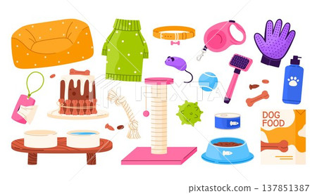 Set of different dog equipment, accessories. Pet shop goods for care, feeding, grooming and leisure. Flat vector illustration in cartoon style. Isolated white background Set of different dog equipment, accessories. Pet shop goods for care, feeding, grooming and leisure. Flat vector illustration in cartoon style. Isolated white background 137851387