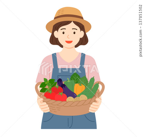 An illustration of a woman holding a basket full of freshly harvested summer vegetables. An illustration of a woman holding a basket full of freshly harvested summer vegetables. 137851502