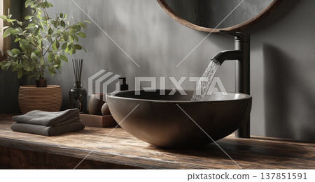 Stylish vessel-style washbasin and matte black faucet (modern interior/home fixtures) 137851591
