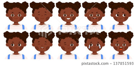 Set of cute African American girl character with different facial expressions. Child avatar with various emotions as happy, sad, surprised, angry, confused and smiling. Isolated vector illustration Set of cute African American girl character with different facial expressions. Child avatar with various emotions as happy, sad, surprised, angry, confused and smiling. Isolated vector illustration 137851593