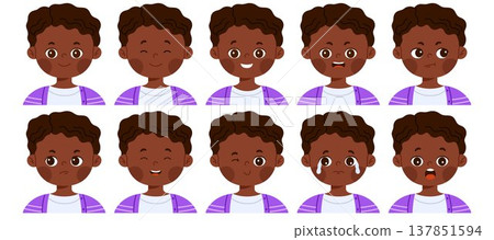 Set of cute African American boy character with different facial expressions. Child avatar with various emotions as happy, sad, surprised, angry, confused and smiling. Isolated vector illustration Set of cute African American boy character with different facial expressions. Child avatar with various emotions as happy, sad, surprised, angry, confused and smiling. Isolated vector illustration 137851594