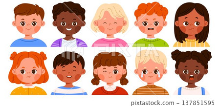 Set of diverse children faces showing different emotions. Multicultural boys and girls expressing happiness, sadness, surprise. Education and learning concept. Vector illustration in cartoon style Set of diverse children faces showing different emotions. Multicultural boys and girls expressing happiness, sadness, surprise. Education and learning concept. Vector illustration in cartoon style 137851595