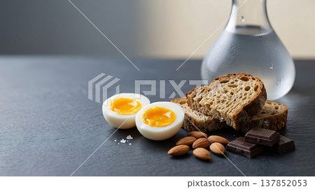 Healthy breakfast with boiled eggs, bread, almonds, chocolate, and water 137852053
