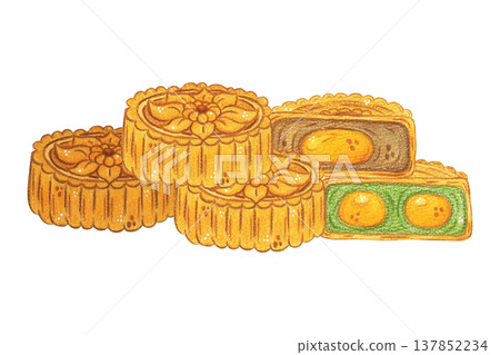 A composition of several mooncakes. Hand-drawn watercolor illustration, cartoon. Design for stickers, posters, and restaurant menus. China, food, tea, composition, mooncakes, Mid-Autumn Day 137852234