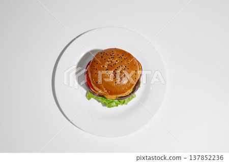 Cheeseburger top view placed on white plate on clean white background with strong shadow 137852236