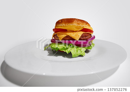 Cheeseburger with beef patty, melted cheese and vegetables on white plate on clean white background. Cheeseburger with beef patty, melted cheese and vegetables on white plate on clean white background. 137852276
