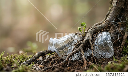 New life emerges from discarded plastic bottle entwined with tree roots in forest 137852621