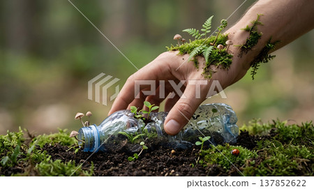 Hand planting a plastic bottle with new life growing from it in the forest 137852622