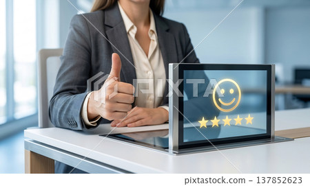 Businesswoman giving thumbs up with positive customer feedback displayed on a tablet screen 137852623