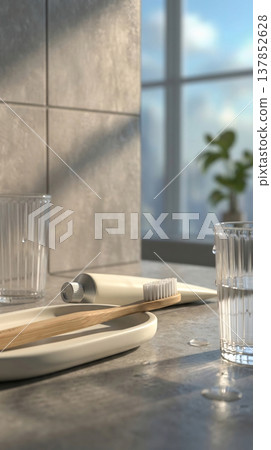 Morning routine: bamboo toothbrush and toothpaste on a bathroom counter with sunlight streaming in 137852628