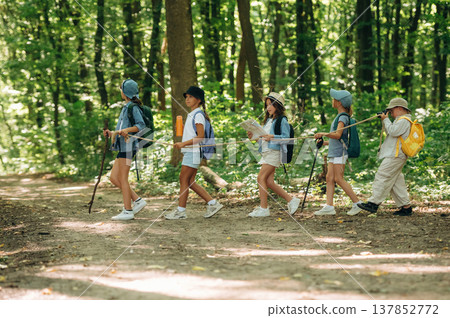 In the line, going after each other. Group of children in the forest on a hike In the line, going after each other. Group of children in the forest on a hike 137852772
