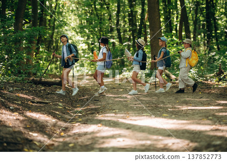 In the line, going after each other. Group of children in the forest on a hike 137852773