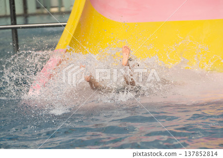 Exciting Fun at Water Park with Child Splashing and Playing on Water Slide in Vibrant Colors Under Bright Sunlight and Clear Blue Sky Exciting Fun at Water Park with Child Splashing and Playing on Water Slide in Vibrant Colors Under Bright Sunlight and Clear Blue Sky 137852814