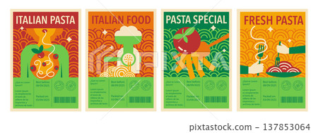 Italian pasta label set with geometric food symbols, and spaghetti, packaging design collection with banners, and branding elements 137853064