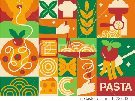 Seamless Italian pasta pattern with spaghetti and food symbols in geometric style, modern abstract kitchen background, and poster design Seamless Italian pasta pattern with spaghetti and food symbols in geometric style, modern abstract kitchen background, and poster design 137853066