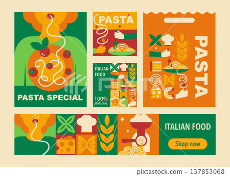 Italian pasta poster, and banner set with geometric spaghetti and food symbols, packaging design, restaurant, and food branding Italian pasta poster, and banner set with geometric spaghetti and food symbols, packaging design, restaurant, and food branding 137853068
