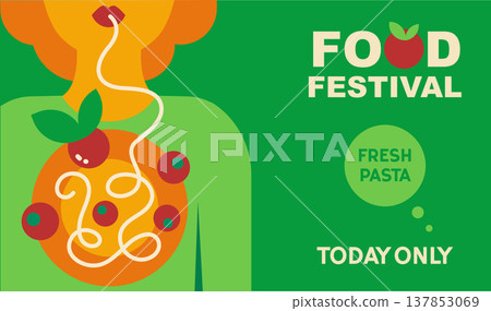 Italian pasta food festival banner with spaghetti, and culinary symbols in geometric style, modern promotional template design 137853069