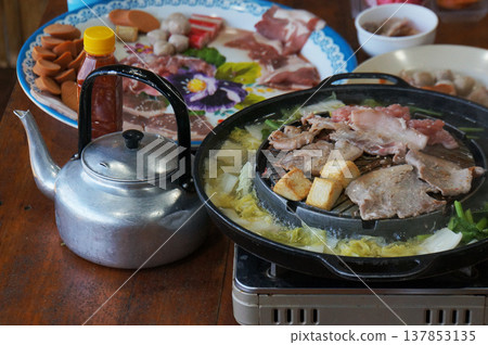 Sizzling Thai style BBQ tempting ready to be eaten. Sizzling Thai style BBQ tempting ready to be eaten. 137853135