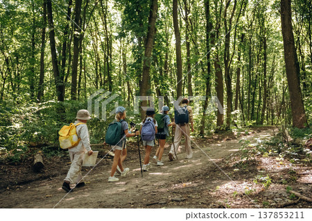 Straight path. Woman is doing tour for group of kids in the forest Straight path. Woman is doing tour for group of kids in the forest 137853211