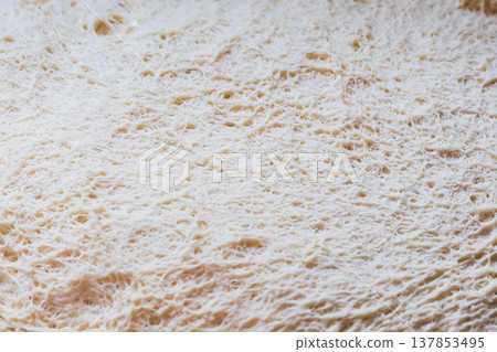 Close up of fermented bread dough showing airy gluten structure and natural bubbles before baking. Close up of fermented bread dough showing airy gluten structure and natural bubbles before baking. 137853495