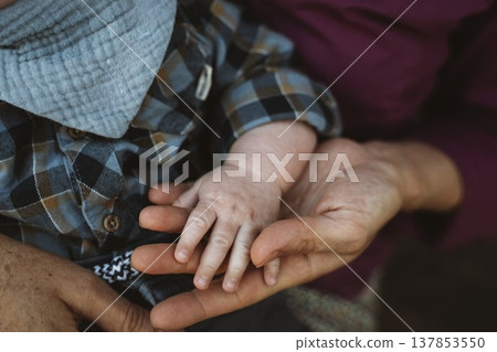 Tender Moment of Holding a Baby Hand Close Up Tender Moment of Holding a Baby Hand Close Up 137853550