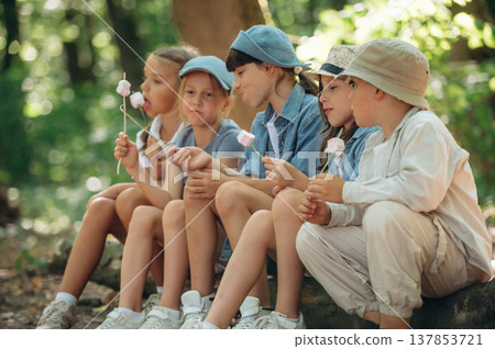 Break time, with marshmallows. Group of children in the forest on a hike Break time, with marshmallows. Group of children in the forest on a hike 137853721