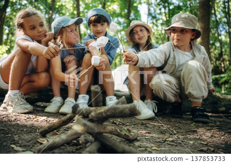 Cheerful, marshmallow time, sitting. Group of children in the forest on a hike Cheerful, marshmallow time, sitting. Group of children in the forest on a hike 137853733