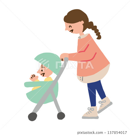 一位女士推著嬰兒車，車上坐著一個嬰兒。 137854017